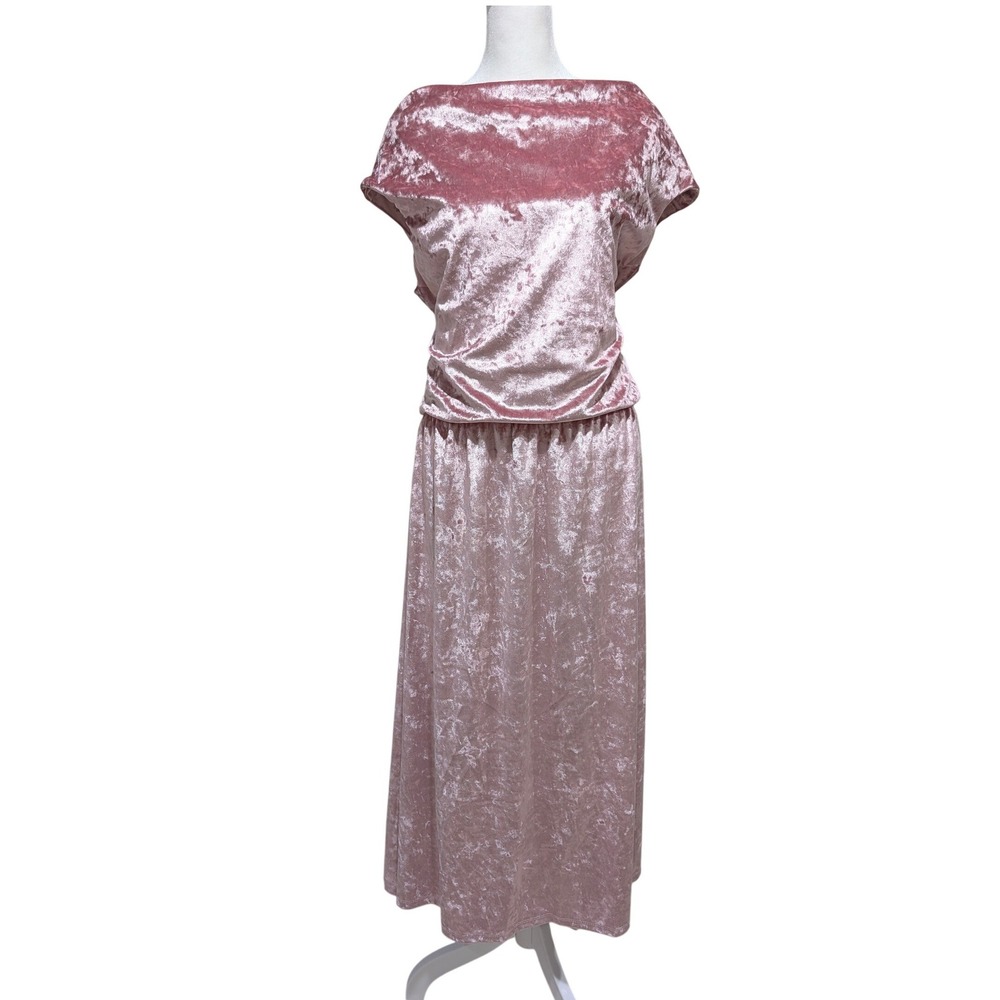 Velvet Off Shoulder Midi A Line Glam Wedding Guest Dress Rose Pink 1X NEW